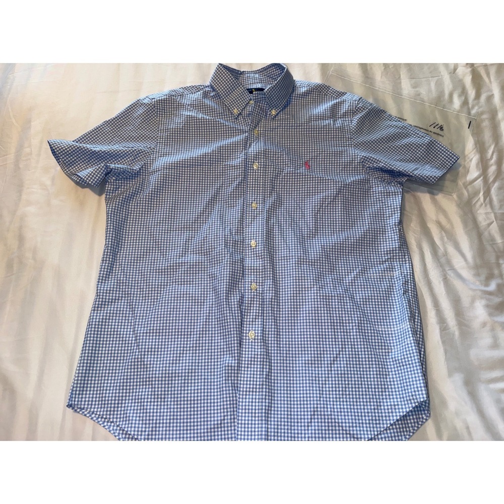 Ralph Lauren Mens Short Sleeve Gingham Button Down Shirt Blue White Large